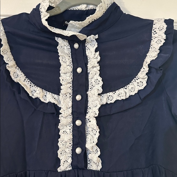 Navy Blue Kids Dress with White Trim - Picture 2 of 5